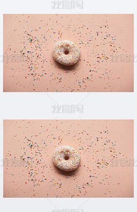 top view of tasty glazed doughnut on pink background