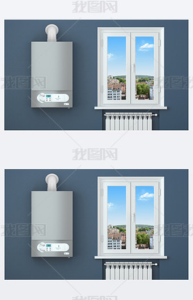 Heating house. Gas boiler, window, heating radiator.