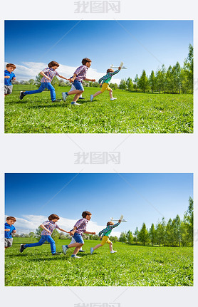 happy running kids with airplane toy