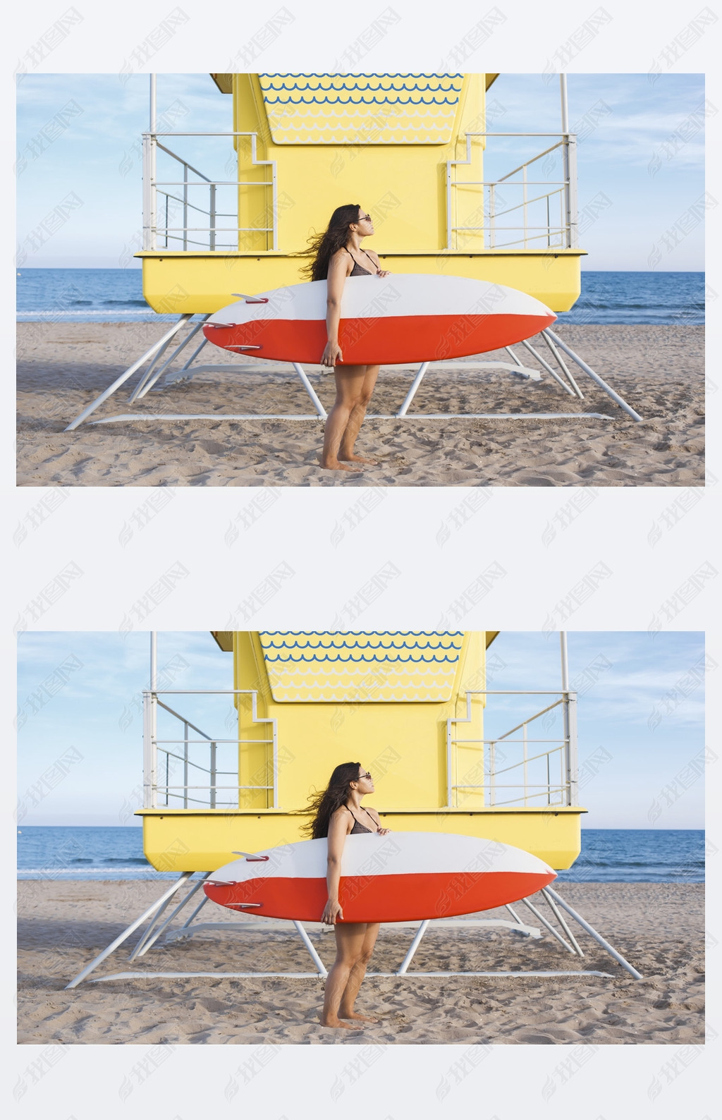 Woman standing with surfboard near the lifeguard house