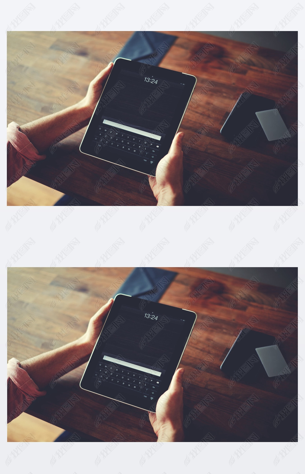 Hipster man hands holding digital tablet with empty blank screen for your text message