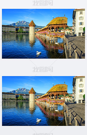 Wooden Chapel Bridge and Water Tower int Lucerne, Switzerland