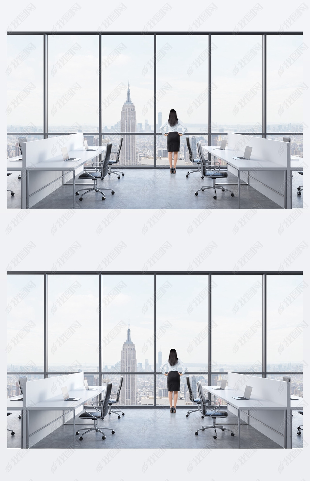Rear view of a brunette who is looking out the window in the modern panoramic office with New York v