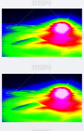 Fantastic infrared scan of hilly landscape. Hill and forest with colorful fog, hot sunny sky above. 