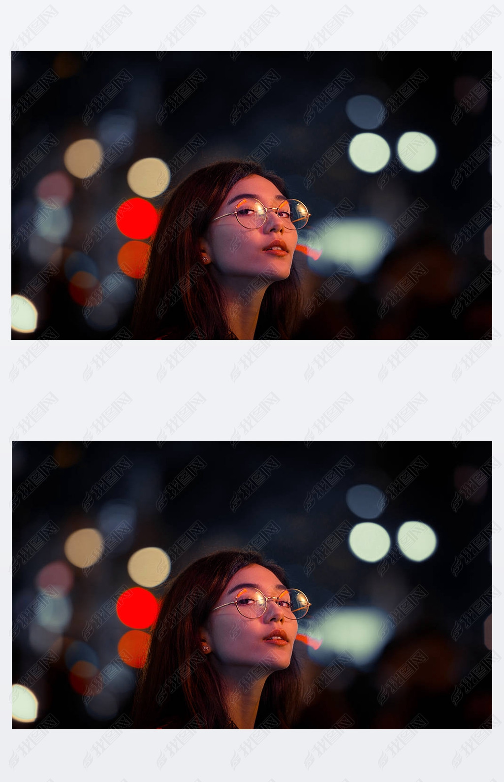 美丽的混血妇女摆在户外, 背景与模糊的霓虹灯下载-编号25908982-人物