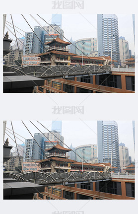 View of one of the two 68.5-meter-high suspended bridges connecting two high-rise buildings in Chong