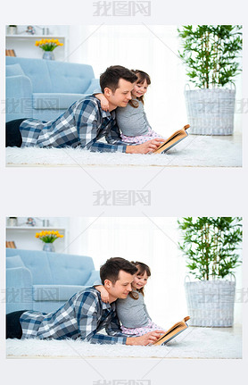 Cute little girl listening to dad reading fairy tale lying on warm floor together, caring father hol