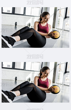 beautiful determined sportswoman working out on abs with medicine ball at sports center