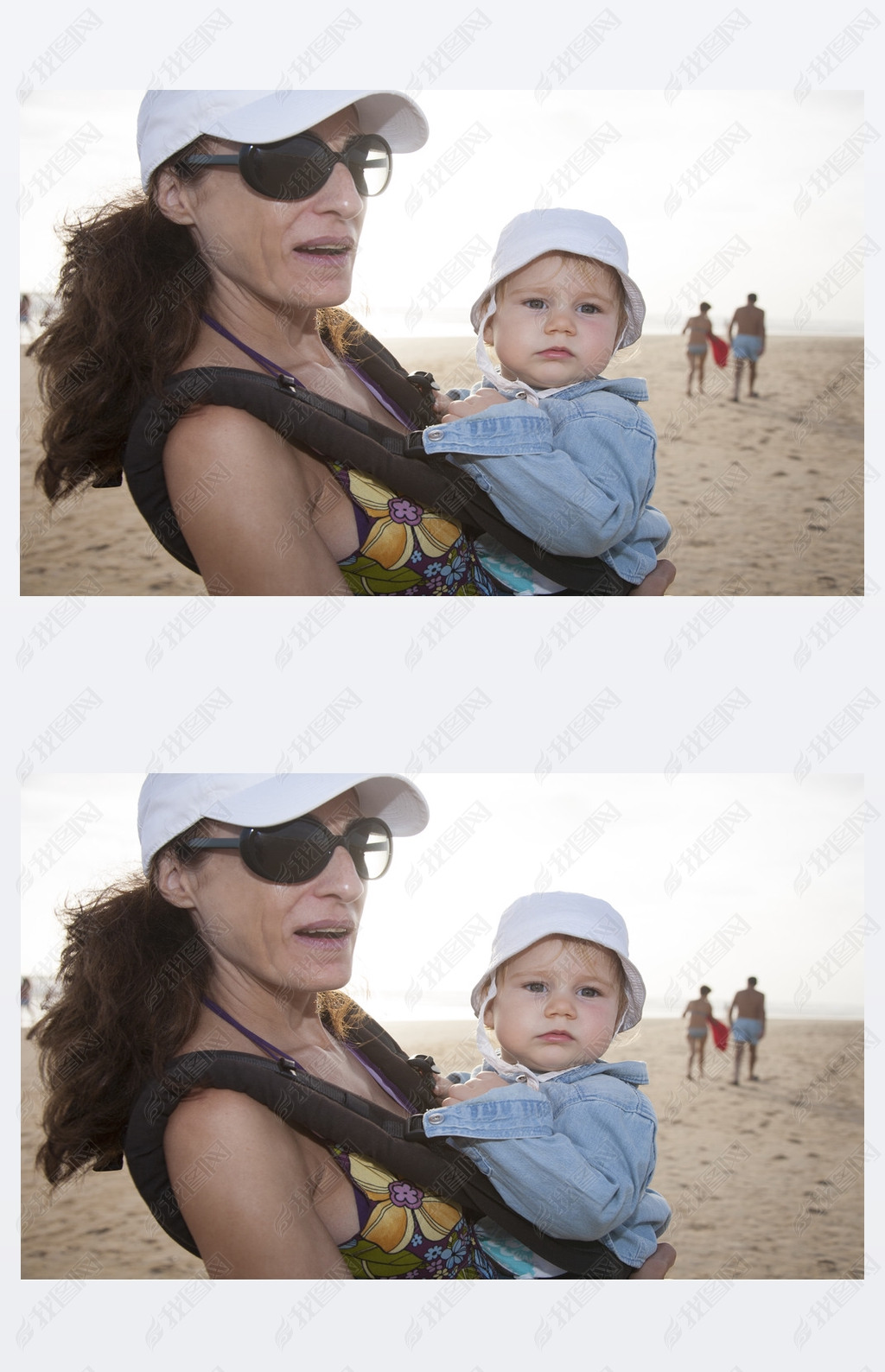 mom and baby in rucksack at beach