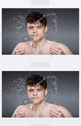 handsome man splashing water into face in the morning, isolated on grey