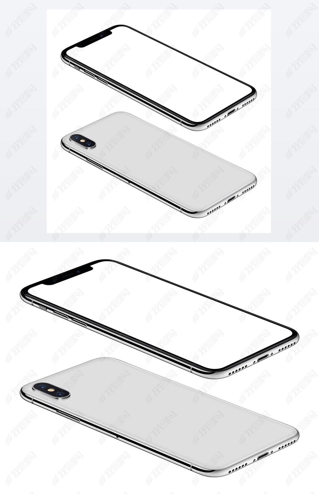 White artphone similar to iPhone X mockup front and back sides isometric view CCW rotated lies on 