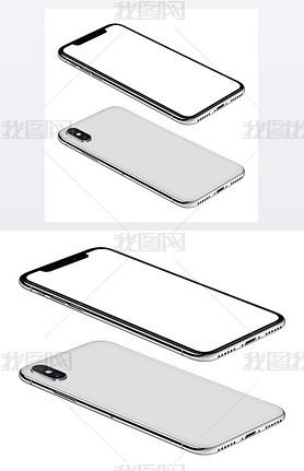 White artphone similar to iPhone X mockup front and back sides isometric view CCW rotated lies on 