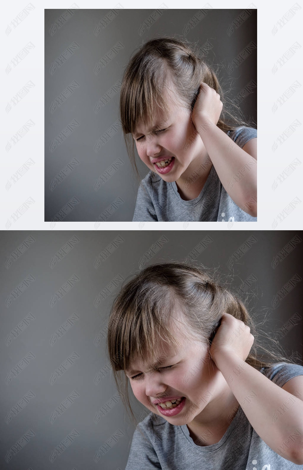 原创女孩有耳朵疼痛触摸他痛苦的头隔离在灰色背景版权可商用