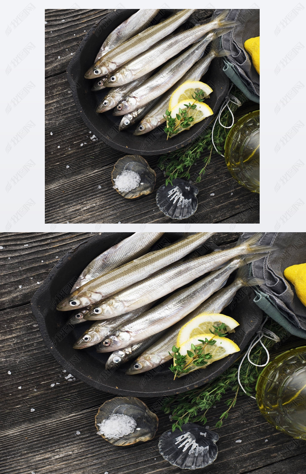 原创有用的小海鱼在用盐柠檬黄油百里香在木制背景上烹饪前先熔炼