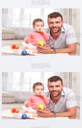 Father and little kid sitting on floor