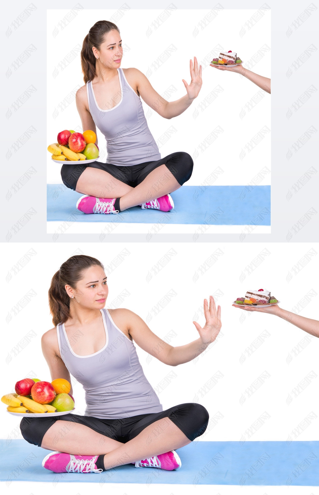 girl on a sports carpet chooses fruit instead of sweets