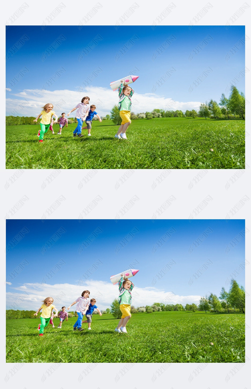 Children run after boy holding rocket