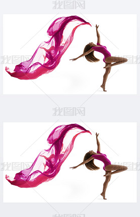 Woman Dancing Sport , Sexy Girl Dancer, Flying Cloth Fabric, Flexible Gymnast on White