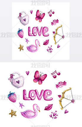 Set of watercolor tender pink elements on white background for Valentines Day - lettering, swan, str