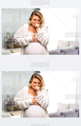 Pregnant blonde woman with white sweatshirt is suffering with cough and feeling bad in her house