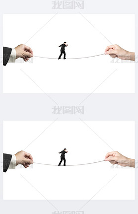 Businesan balancing on tightrope with man and woman hands hold