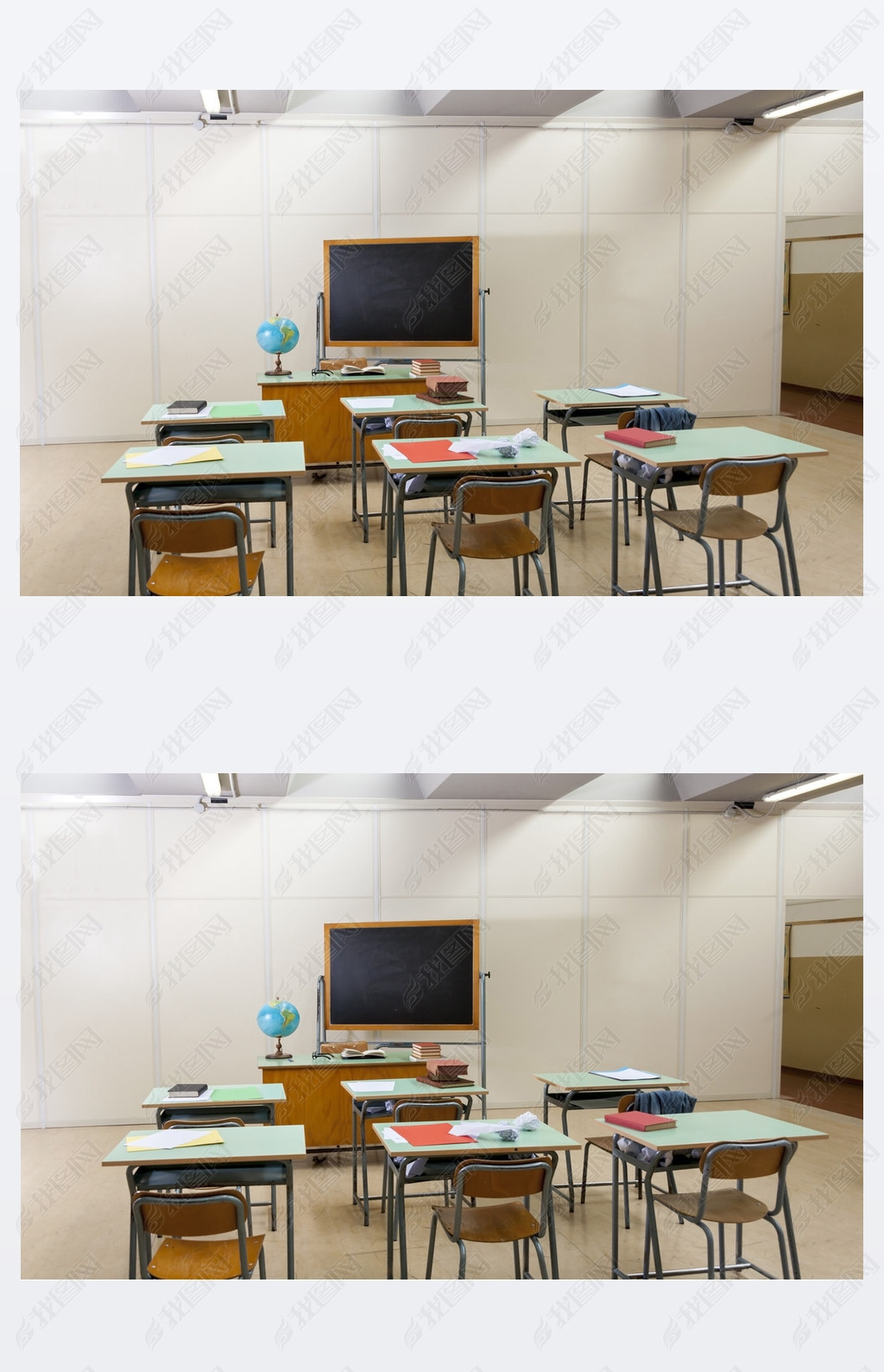 desks and blackboard in classroom at school