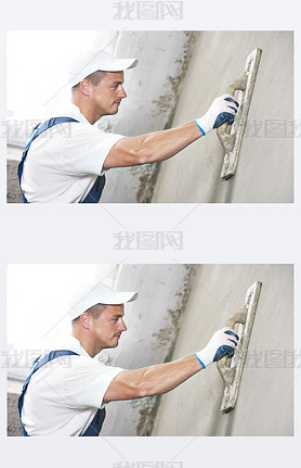 Plasterer at indoor wall renovation