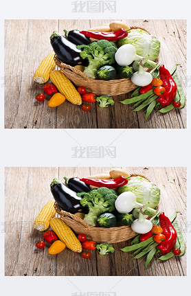 Mix green vegetables in wicker basket