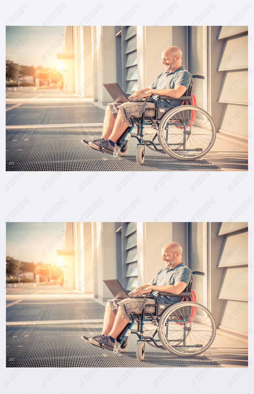 Man on wheel chair using computer