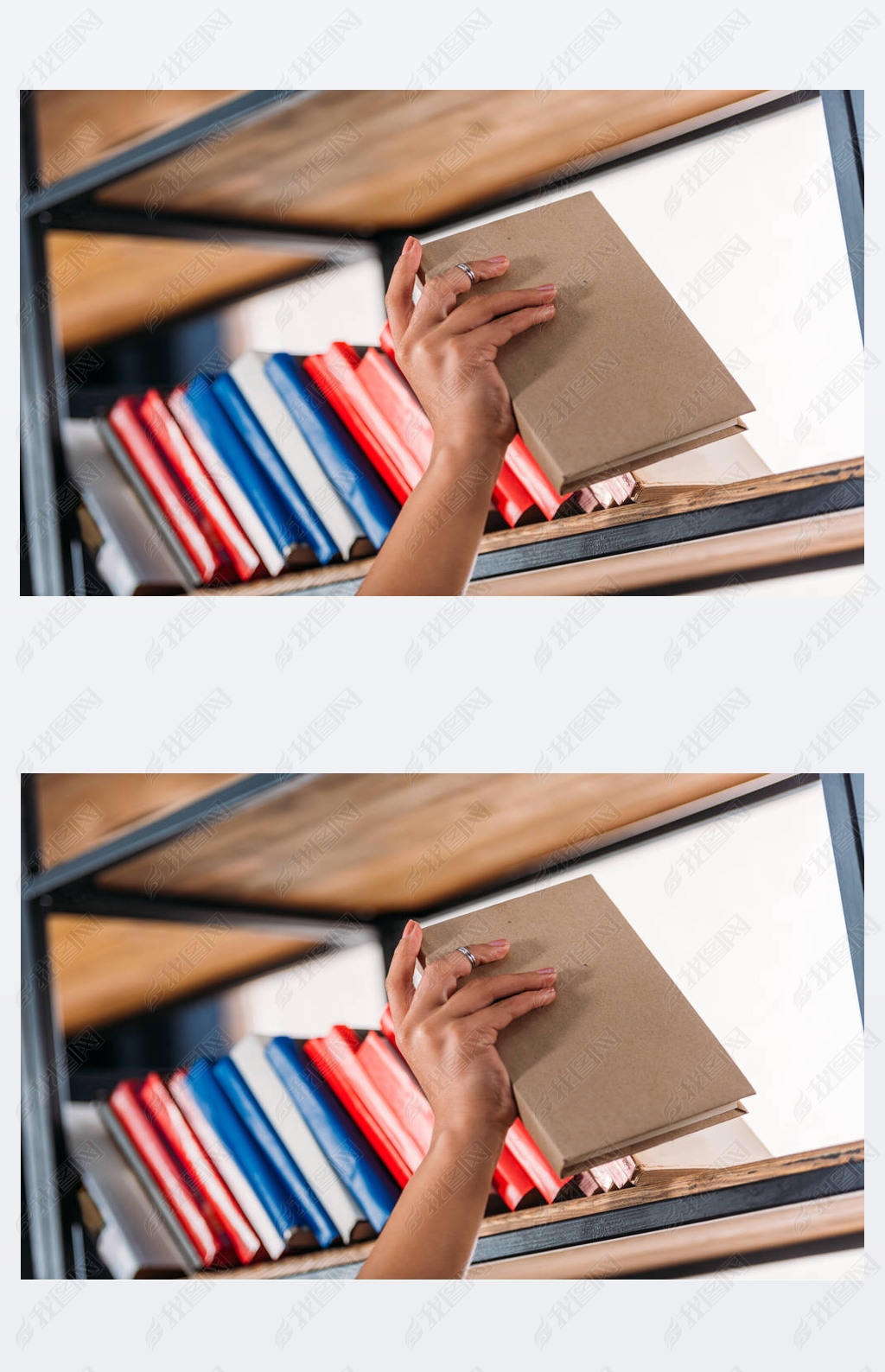 Cropped shot of student holding book at bookshelf in library 