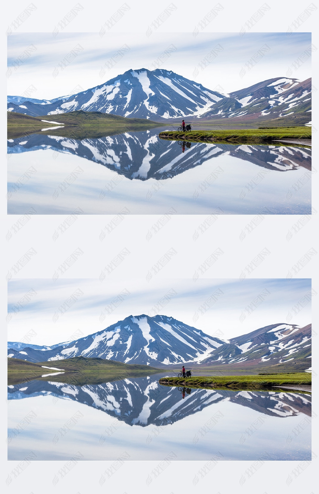 biker on backdrop of lake and mountains