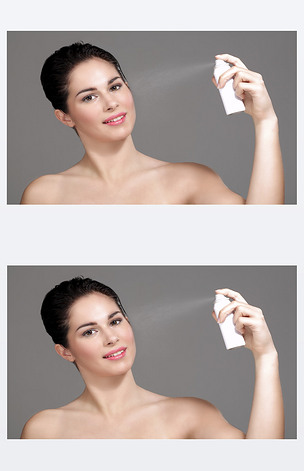 漂亮的女人在脸上喷水