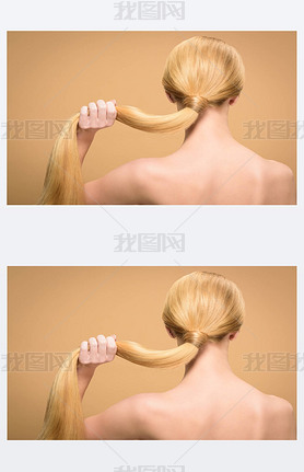 back view of naked blonde woman holding long straight hair isolated on beige