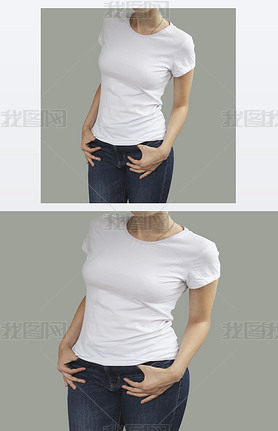 Young beautiful y female with blank white shirt, front. Ready