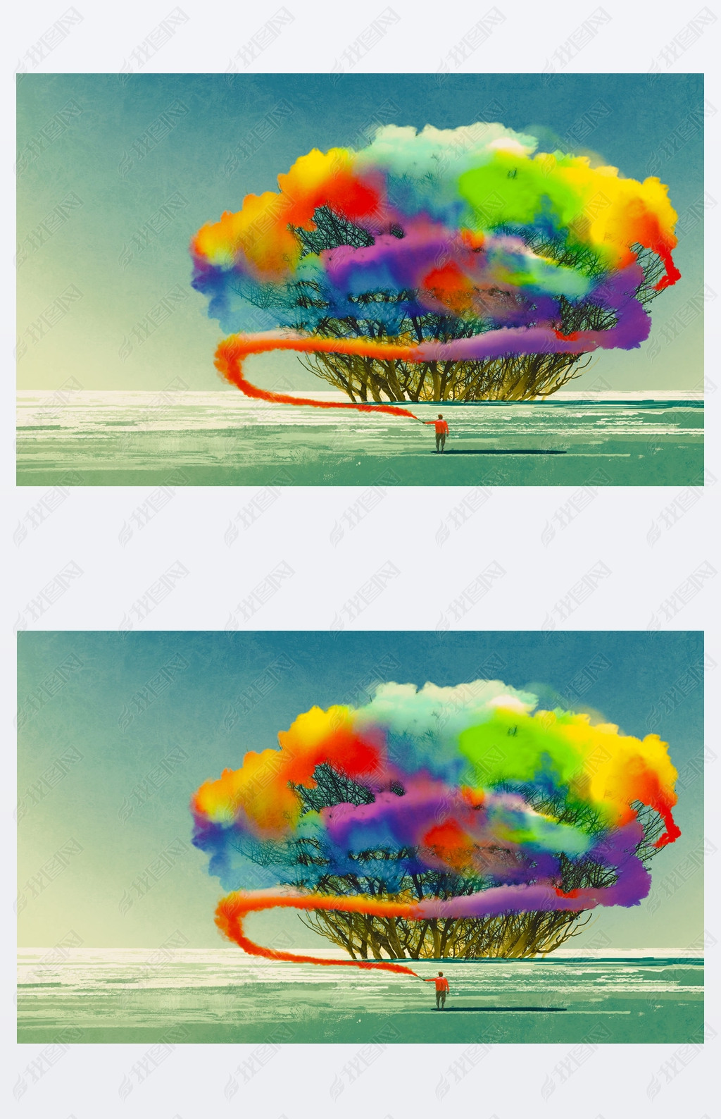 原创男人画抽象树与彩色烟雾弹版权可商用