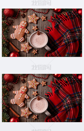 Cup of hot chocolate or cocoa with gingerbread cookies and warm scarf composition in fur tree decora