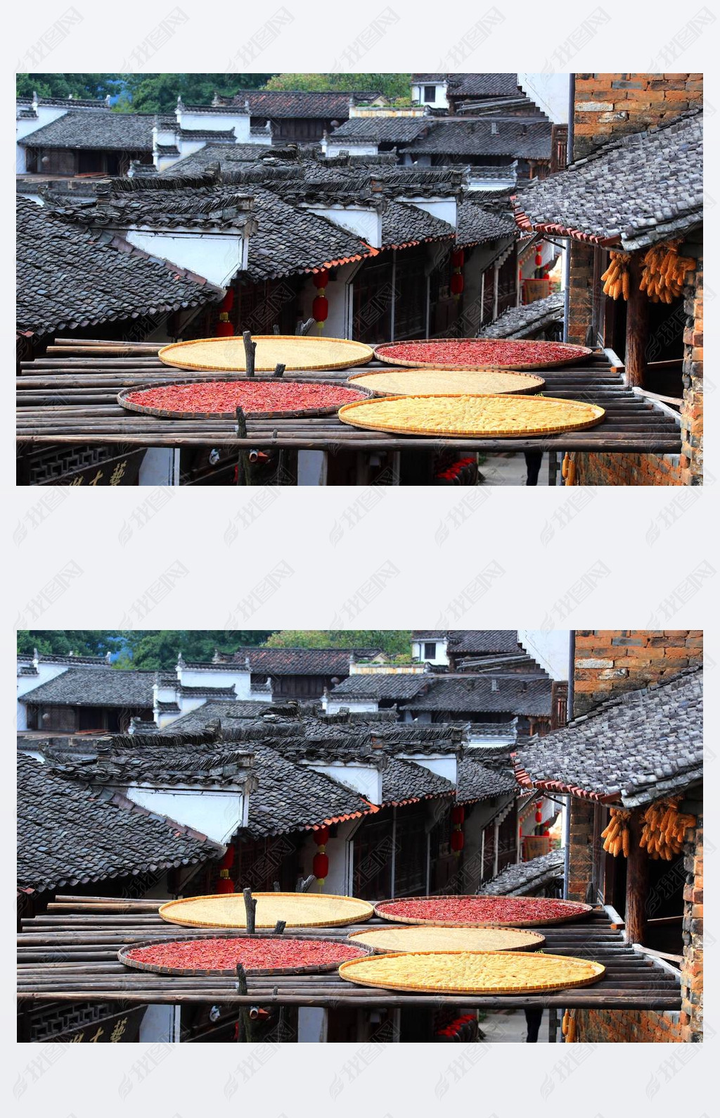 Hot peppers, corns, chrysanthemum flowers, and other crops and harvests are dried on roofs and racks