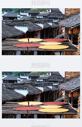 Hot peppers, corns, chrysanthemum flowers, and other crops and harvests are dried on roofs and racks