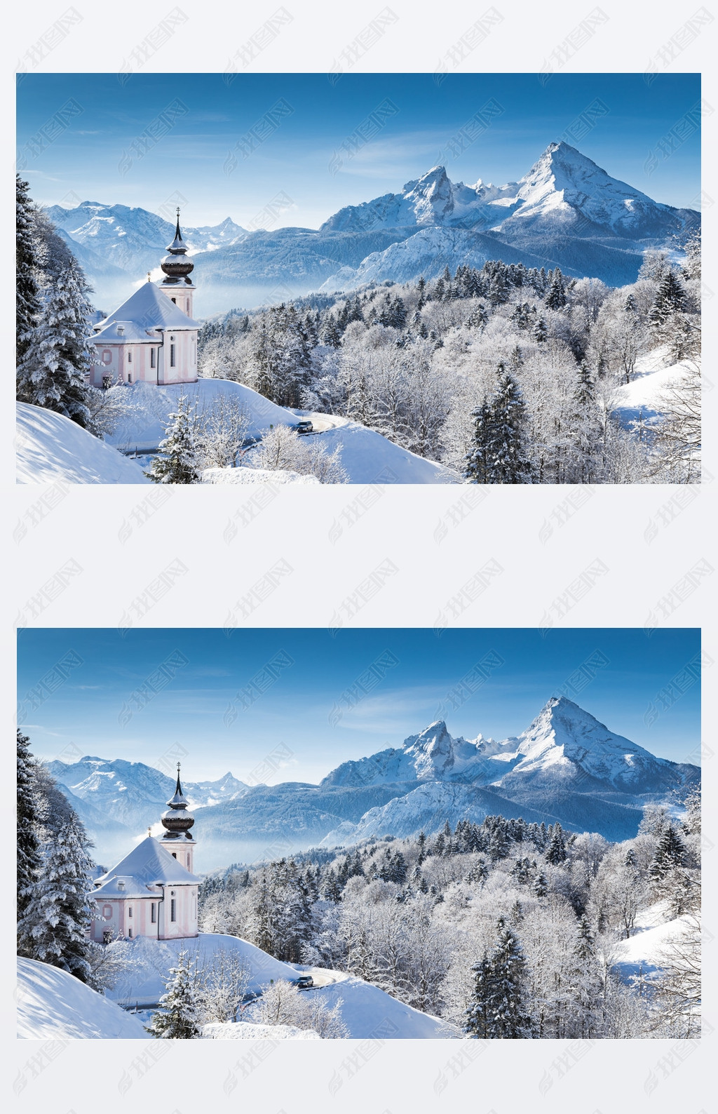 Winter wonderland with chapel in the Alps, Berchtesgadener Land, Baria, Germany