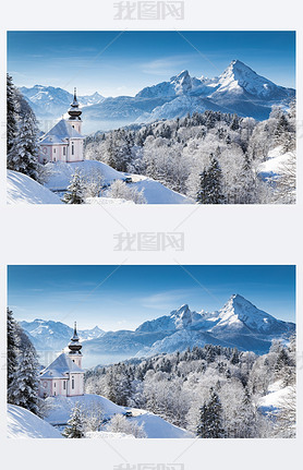 Winter wonderland with chapel in the Alps, Berchtesgadener Land, Baria, Germany