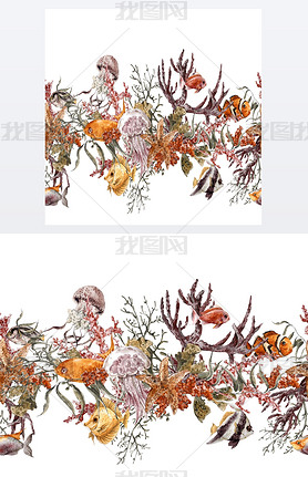 Summer Vintage Watercolor Sea Life Seamless Border with Seaweed Starfish Coral Algae, Jellyfish and 