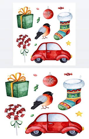 明亮的收集与红色的汽车, 糖果, 礼物, 牛雀, 袜子和更多。水彩假日例证。完美的圣诞节和新年项目, 邀请, 贺卡, 壁纸