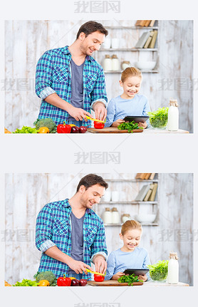 Happy father and daughter cooking together