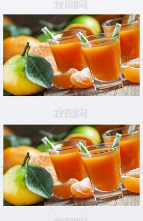 Fresh juice of ripe mandarins in a all glasses with striped straws