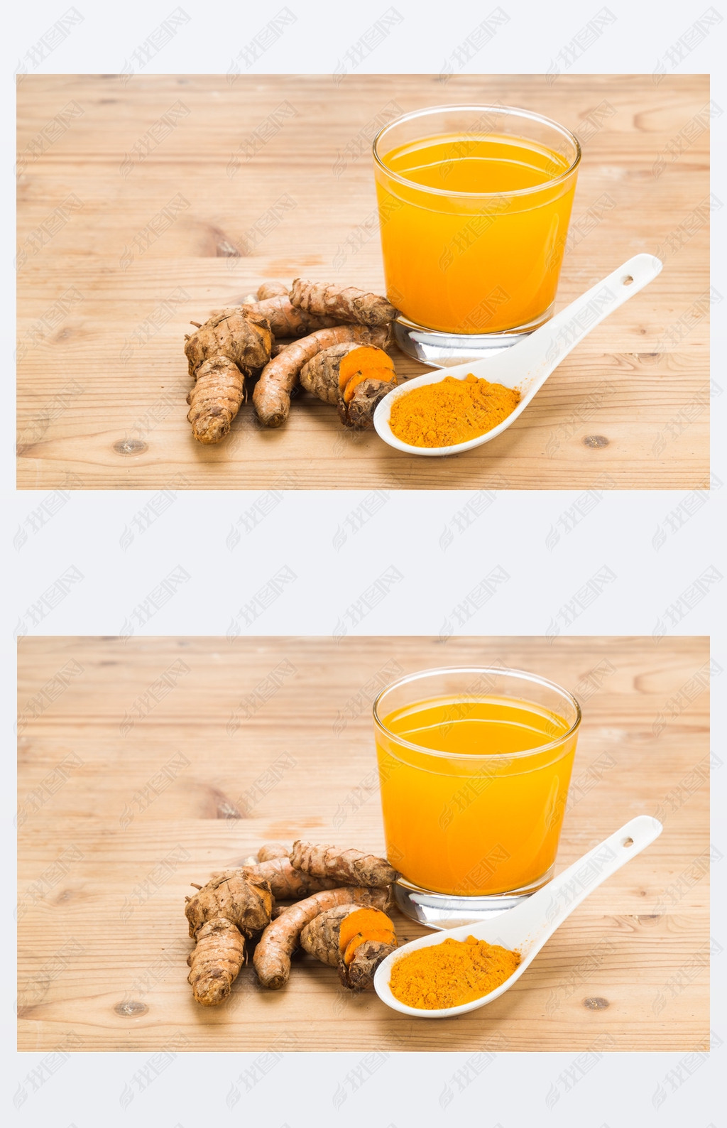 Healthy turmeric roots drinks in a transparent glass on wooden s