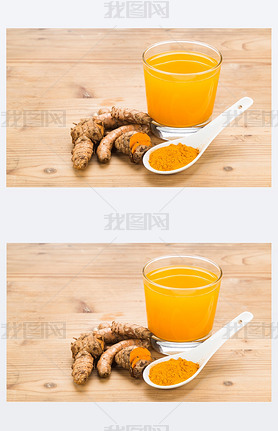 Healthy turmeric roots drinks in a transparent glass on wooden s