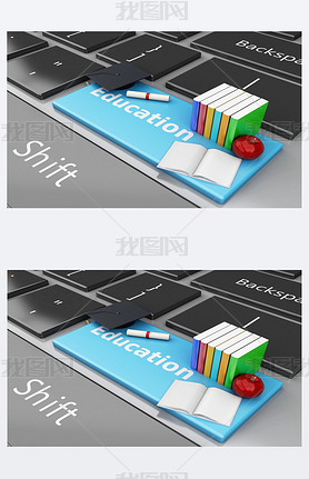 3d graduation cap, books on computer keyboard.