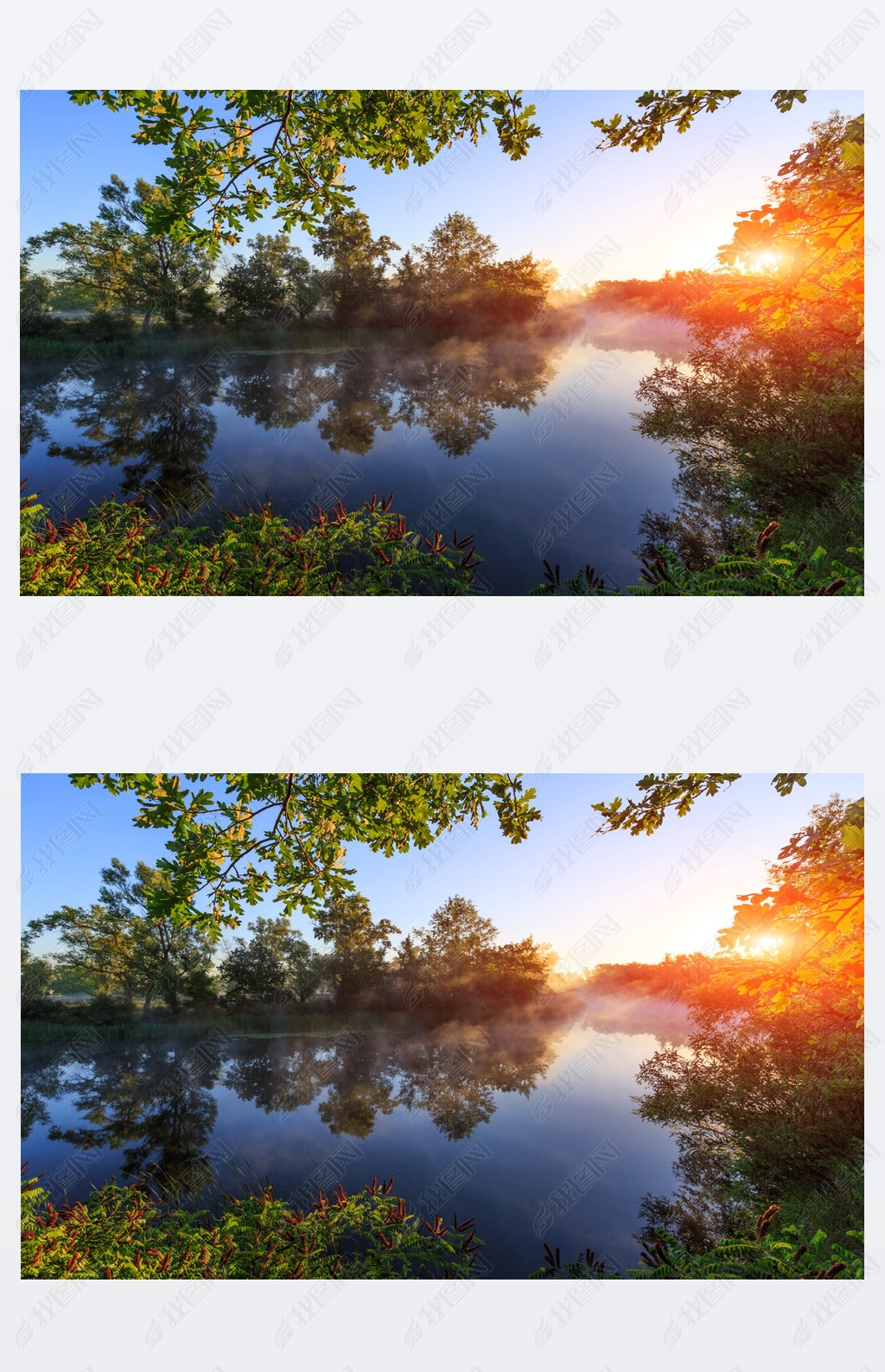 sunrise over river with morning fog