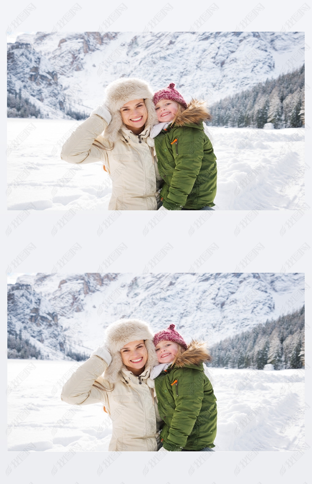 Happy mother and child outdoors in front of snowy mountains