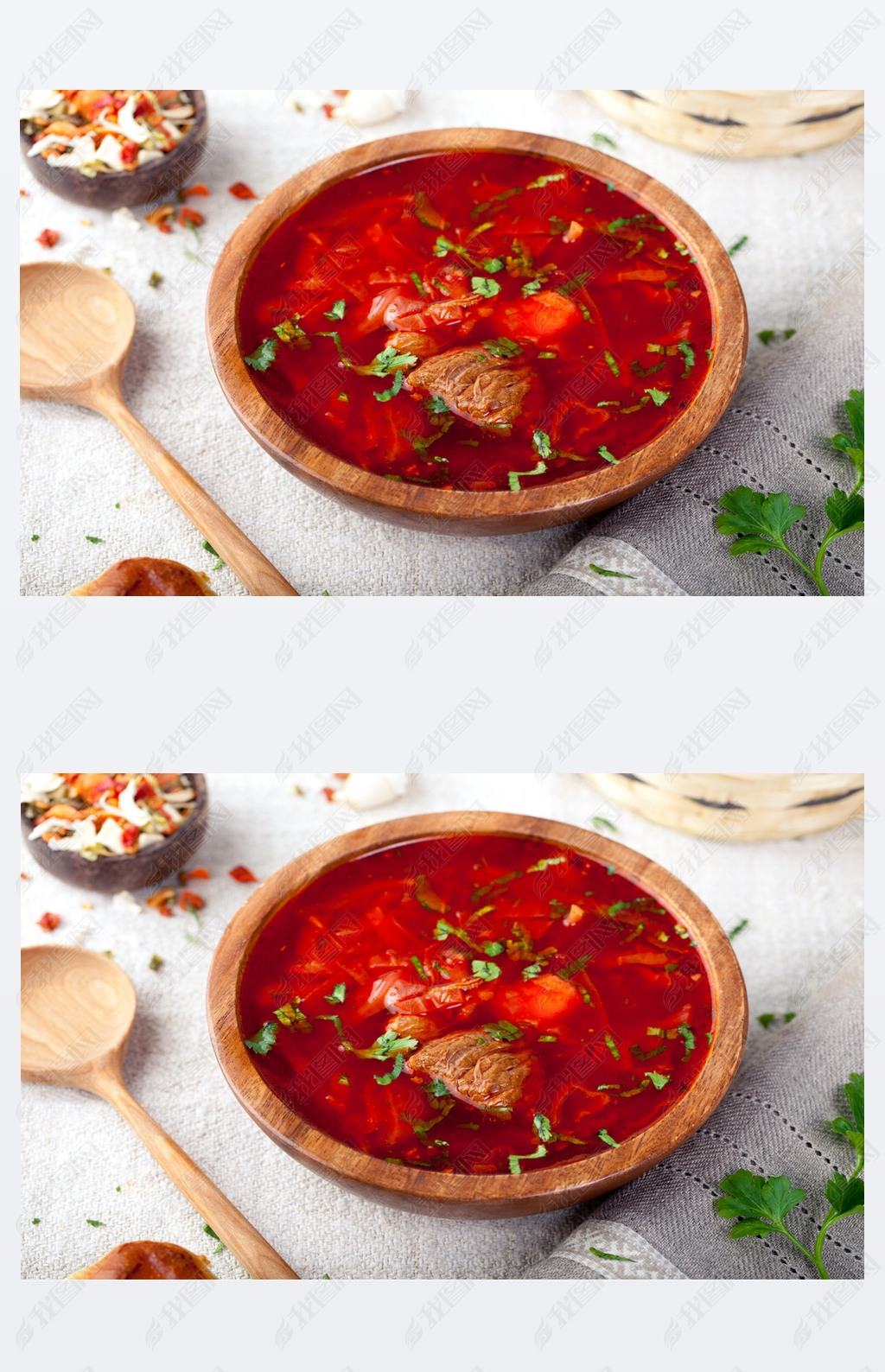 Traditional Ukrainian Russian vegetable soup, borsch with garlic donuts, pampushki .